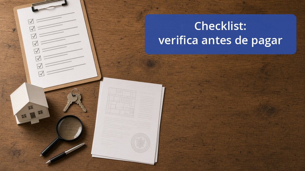 Lista de verificación con casillas marcadas, llaves, lupa y documentos de un inmueble
