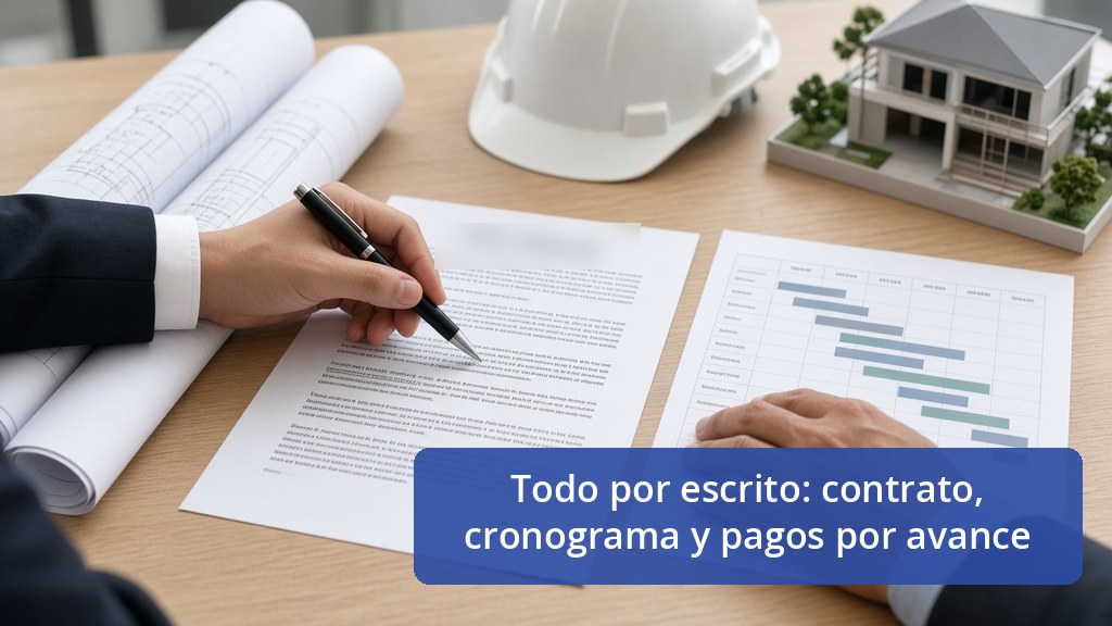 Revisión de un contrato de construcción junto a un cronograma de obra antes de firmar