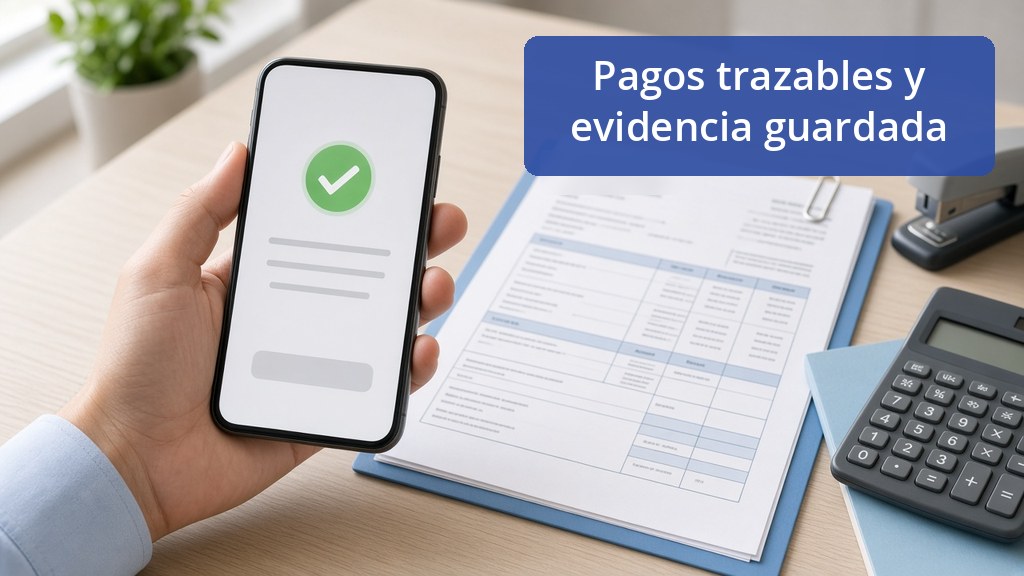 Comprobante de transferencia en el celular junto a facturas y recibos ordenados en una carpeta