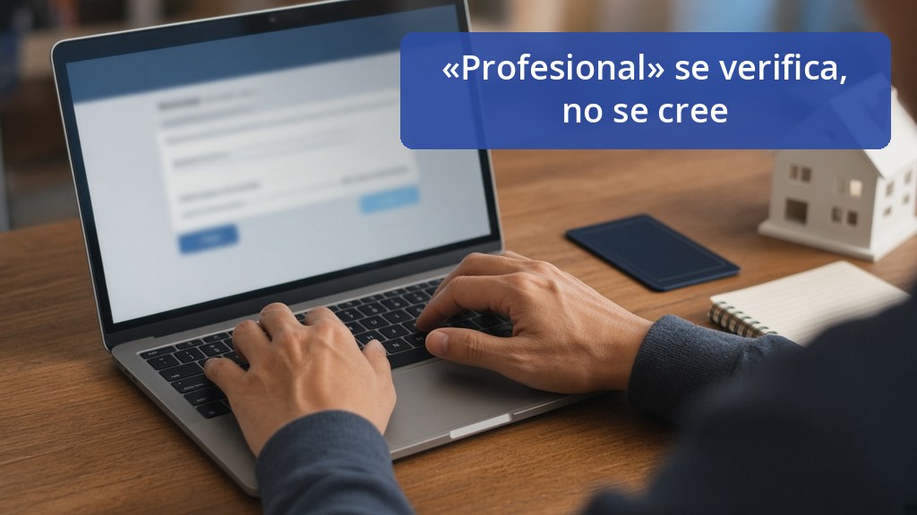 Persona consulta en su laptop el registro de títulos profesionales antes de contratar un servicio inmobiliario